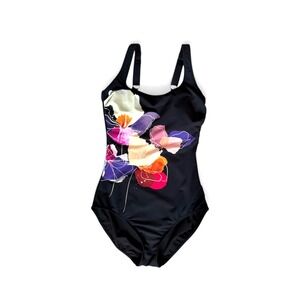 Gottex Women's Size 8 Square Neck Black Floral One Piece Bathingsuit Swimwear